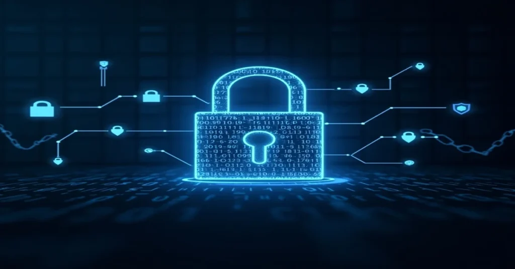 Futuristic digital padlock surrounded by binary code and connected cybersecurity icons representing encryption and cryptographic algorithms on a dark tech background.
