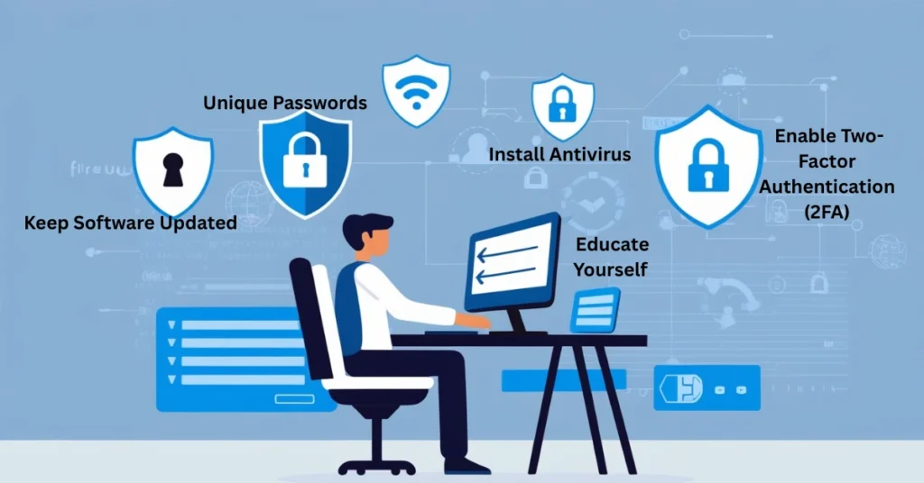 Illustration of a person practicing cybersecurity at a computer with icons