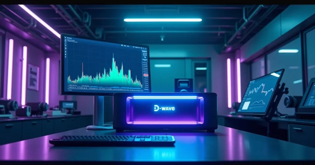 D-Wave quantum machine next to a screen showing rising stock performance.
