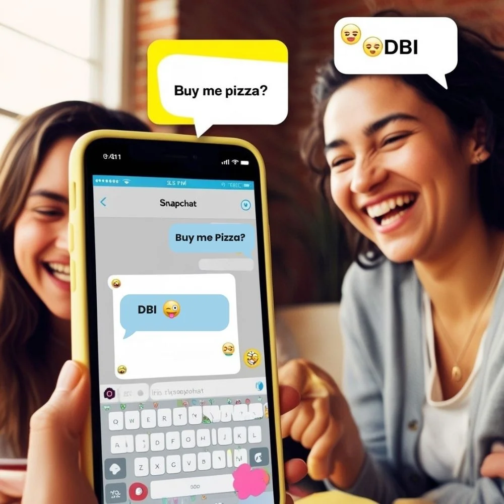 Realistic phone view explaining DBI meaning on Snapchat through text chat