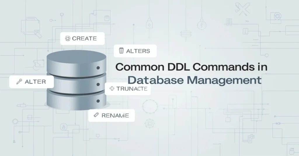 Illustration of a database with five DDL commands: CREATE, ALTER, DROP, TRUNCATE, and RENAME represented by icons around it, with a tech-style background and blog title overlay.