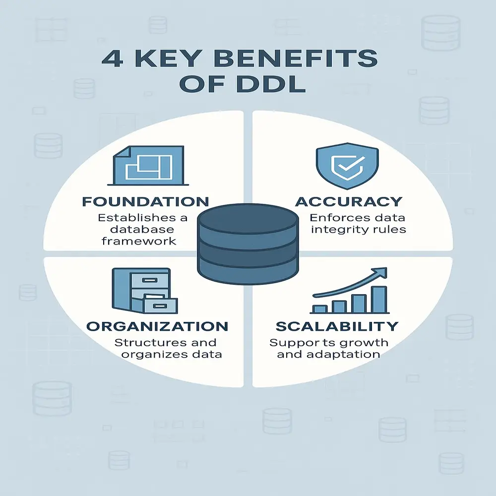 Infographic showing four key benefits of DDL Foundation Accuracy Organization and Scalability with icons connected to a central database symbol 