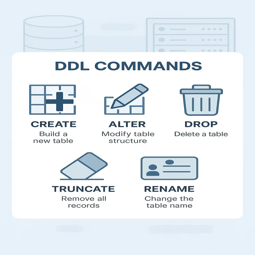 Infographic showing five DDL commands: CREATE, ALTER, DROP, TRUNCATE, and RENAME each with a matching icon and label, styled in a light tech theme. 