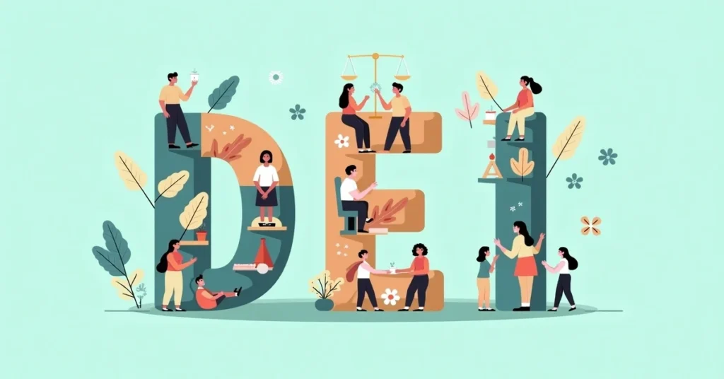 Illustration of “DEI” with diverse people, equity symbols, and inclusive imagery on a calming gradient background.
