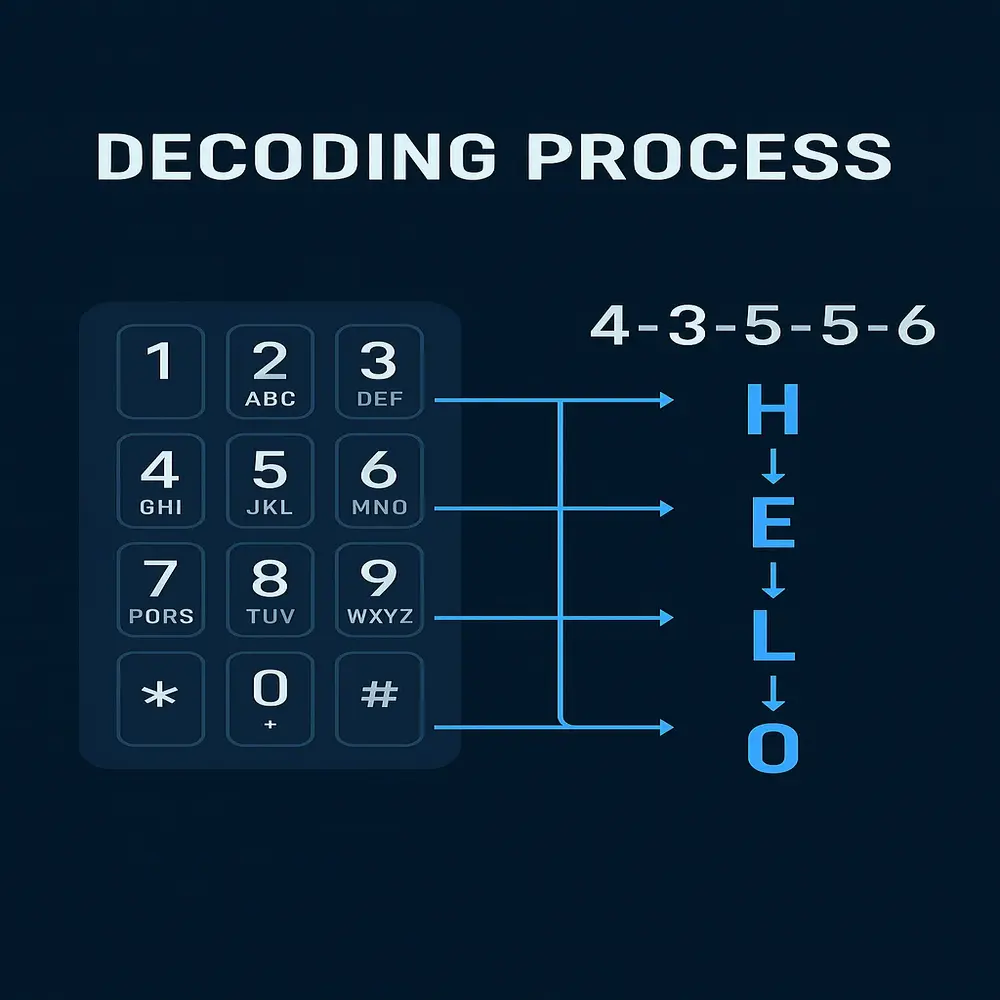 DTMF keypad digits 4-3-5-5-6 are decoded to spell "HELLO" using letter mappings. 