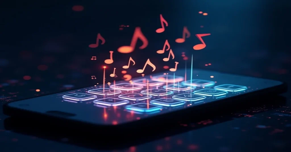 Futuristic image showing a glowing smartphone keypad emitting musical notes, representing the concept of DTMF Lyrics music or lyrics created from dial tones.