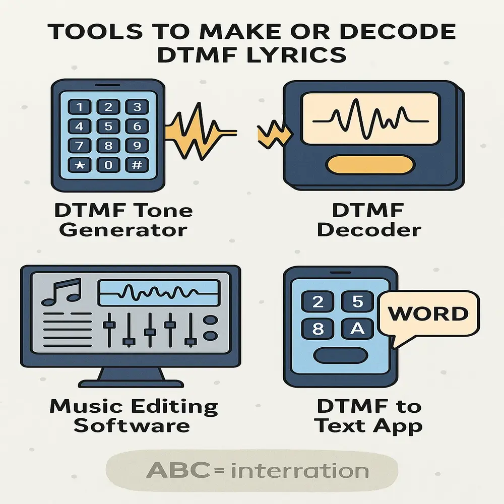 Infographic showing four tools used for creating or decoding DTMF Lyrics: tone generator, decoder, music editing software, and text conversion app. 