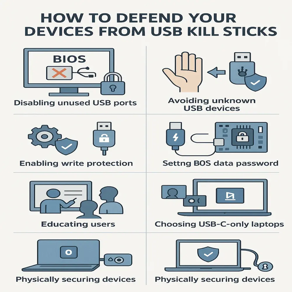 Infographic with 8 tips to protect devices from USB Kill Sticks, such as disabling ports and avoiding unknown USBs. 