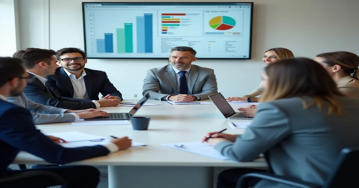 Eight definite stakeholders in a meeting discuss data with charts on a screen, using laptops and notebooks.