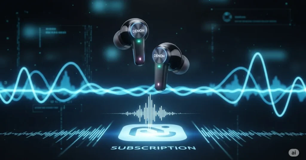 Creative Denon earbuds with tech visuals