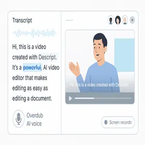 Descript AI editor interface showing video player beside a transcript, with deleted words, waveform, subtitles, Overdub icon, and team avatars.