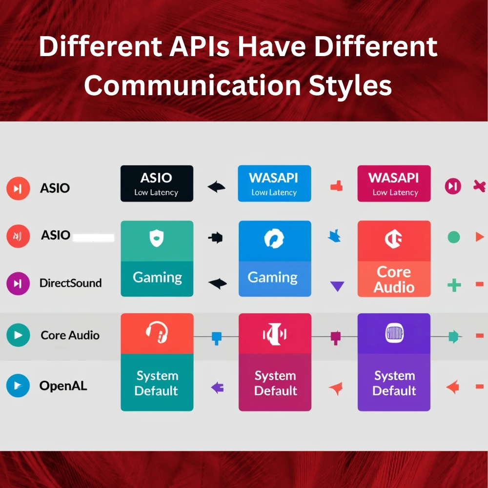 Infographic comparing ASIO, WASAPI, DirectSound, and other audio APIs with their key features and use cases.