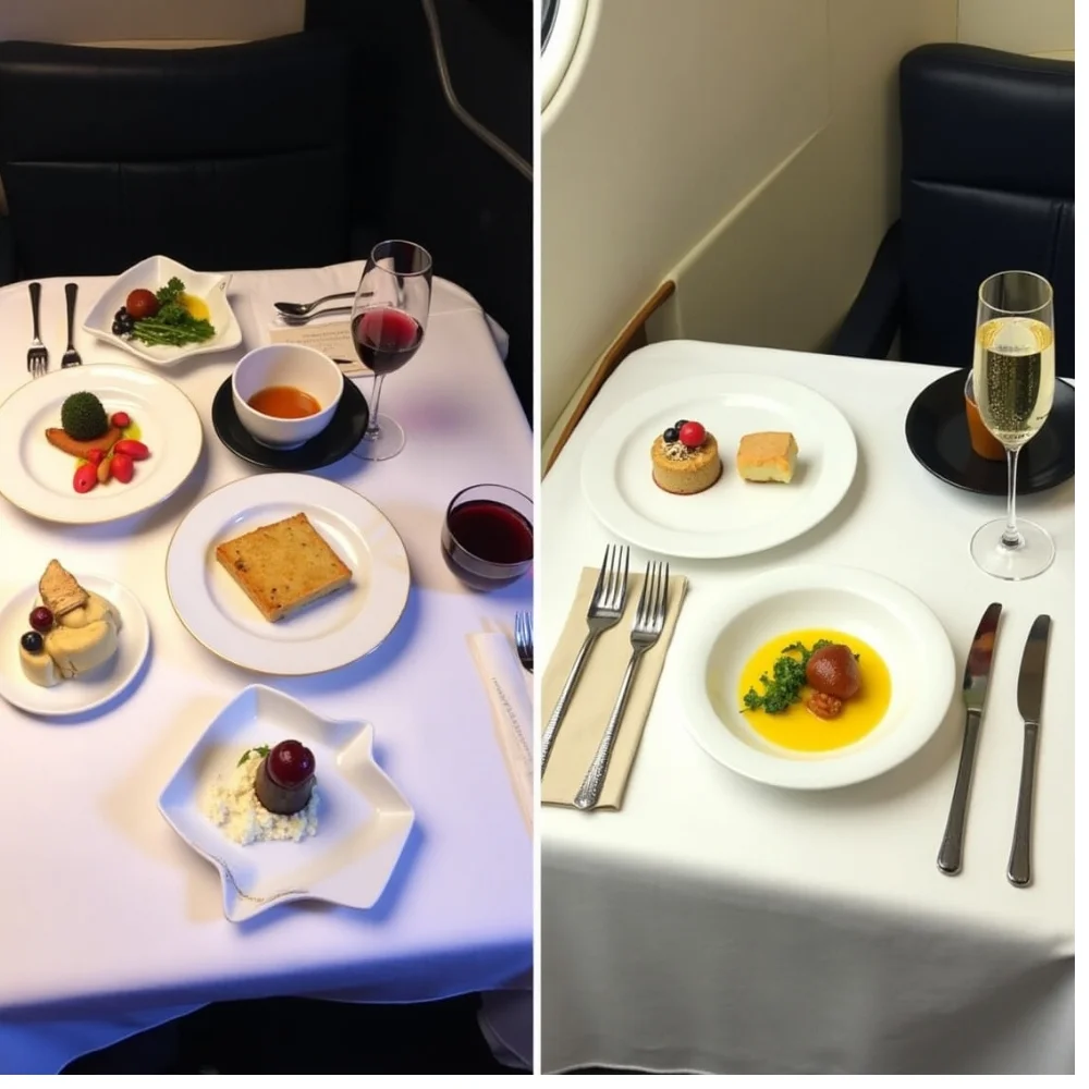Side-by-side image showing British Airways Business Class and First Class meals, highlighting the difference in presentation and luxury.