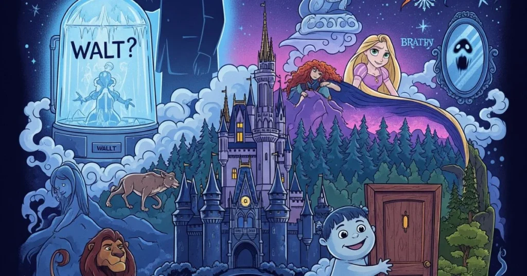 A colorful collage-style illustration that visually represents Disney conspiracy theories.