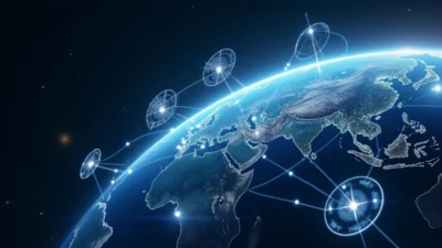 Earth from space with interconnected satellites and glowing data lines, symbolizing advanced Earth observation technology.