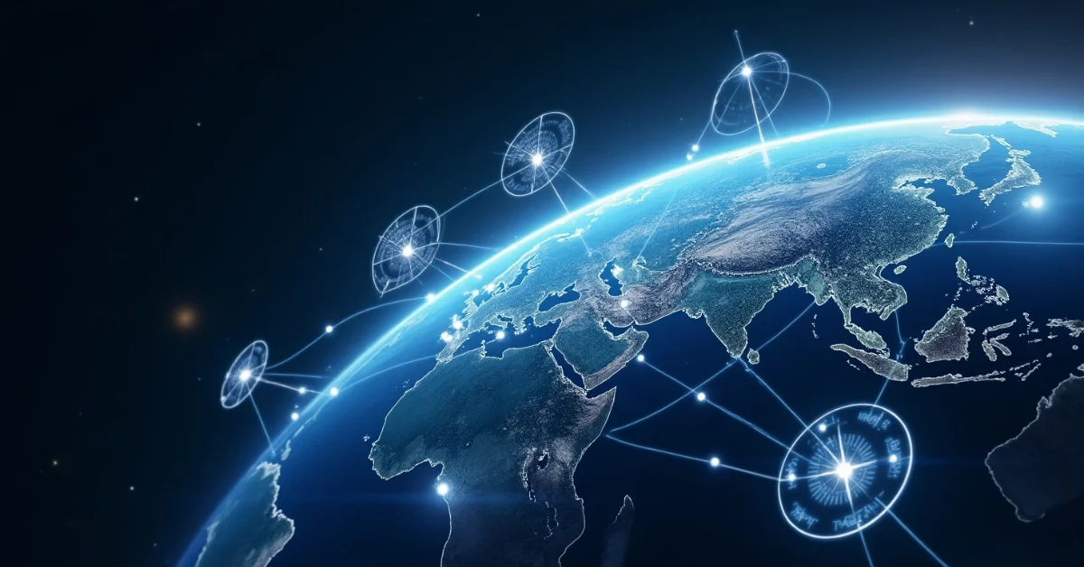 Earth from space with interconnected satellites and glowing data lines, symbolizing advanced Earth observation technology.