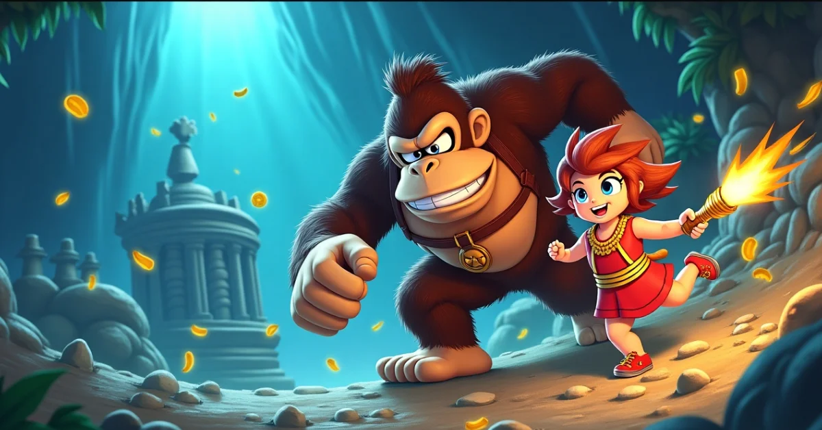 Donkey Kong Bananza scene featuring Donkey Kong and a red-haired girl with a torch in an ancient, treasure-filled temple.