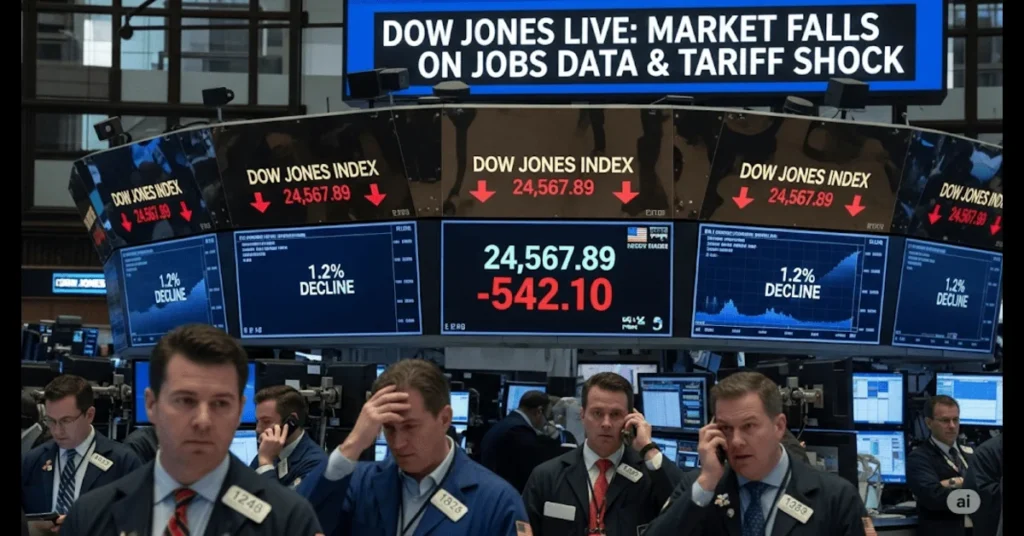Dow Jones Live: Traders react on the stock market floor as the index drops 542 points amid weak jobs data and new tariff concerns.