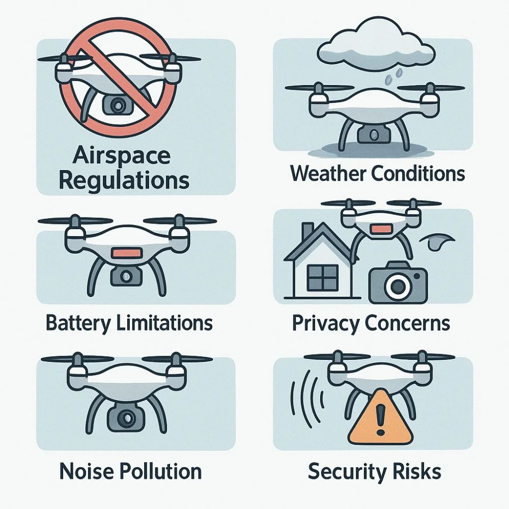 nfographic showing six major challenges in drone delivery systems with icons and labels.