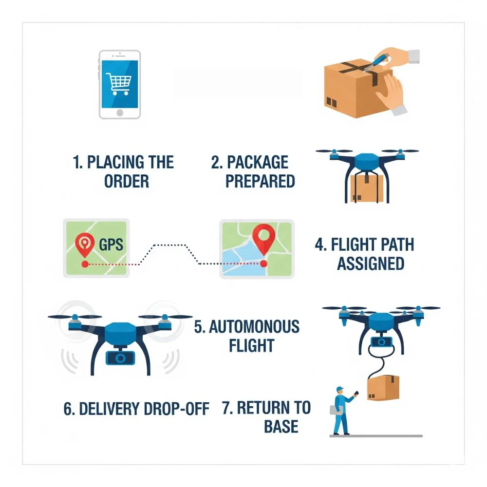 Steps of drone delivery from order to drop-off shown visually