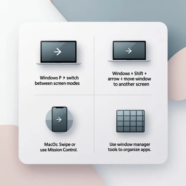 Infographic showing keyboard shortcuts and tools for dual monitor setup. 
