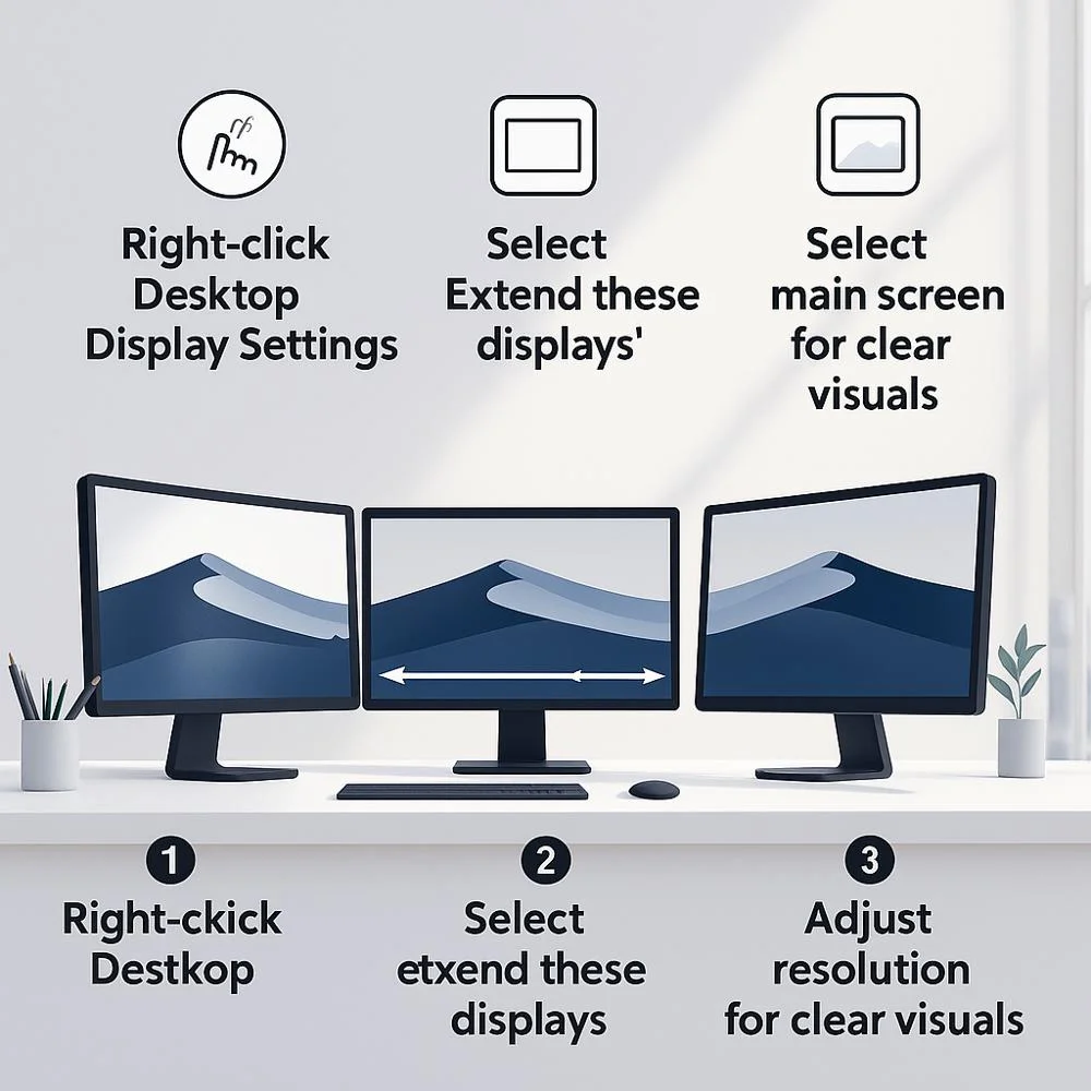 Dual monitor setup steps infographic.