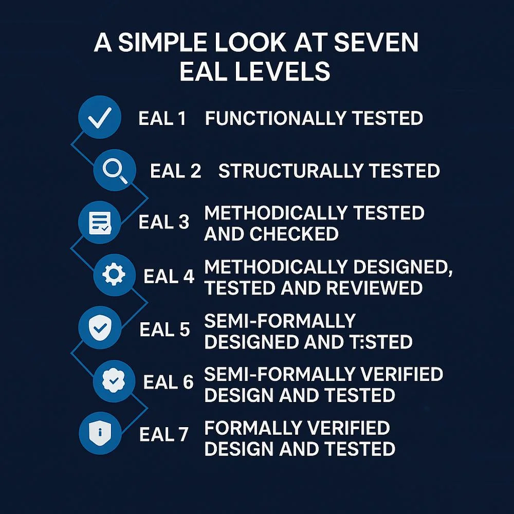 Zigzag infographic of EAL 1 to EAL 7 with icons on a dark tech background. 