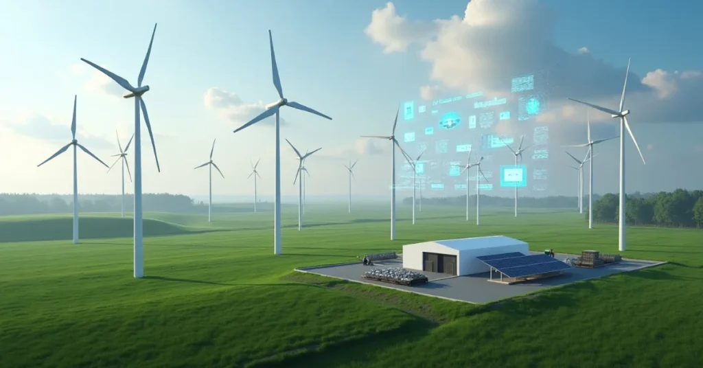 Wind farm in Lower Saxony with turbines, solar panels, and digital overlays, representing EDPR 219MW wind project in Germany.
