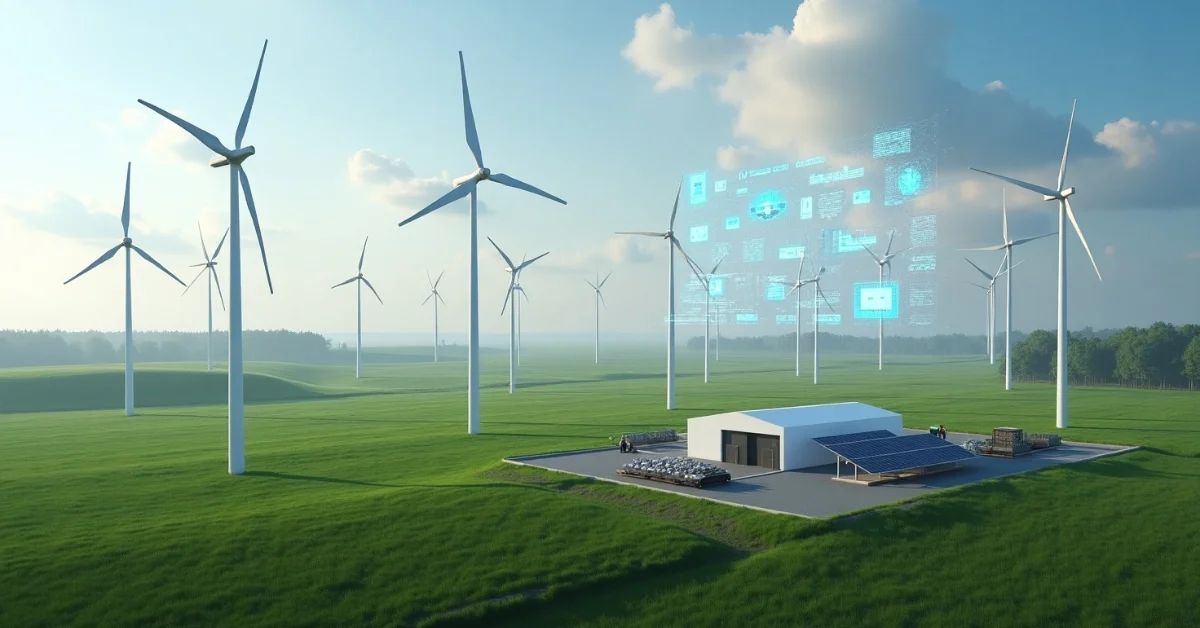 Wind farm in Lower Saxony with turbines, solar panels, and digital overlays, representing EDPR 219MW wind project in Germany.