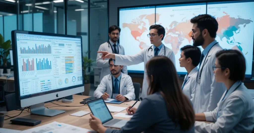 Healthcare professionals analyzing real-time disease data on a digital dashboard for public health planning