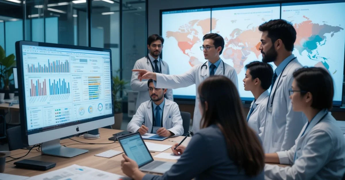 Healthcare professionals analyzing real-time disease data on a digital dashboard for public health planning