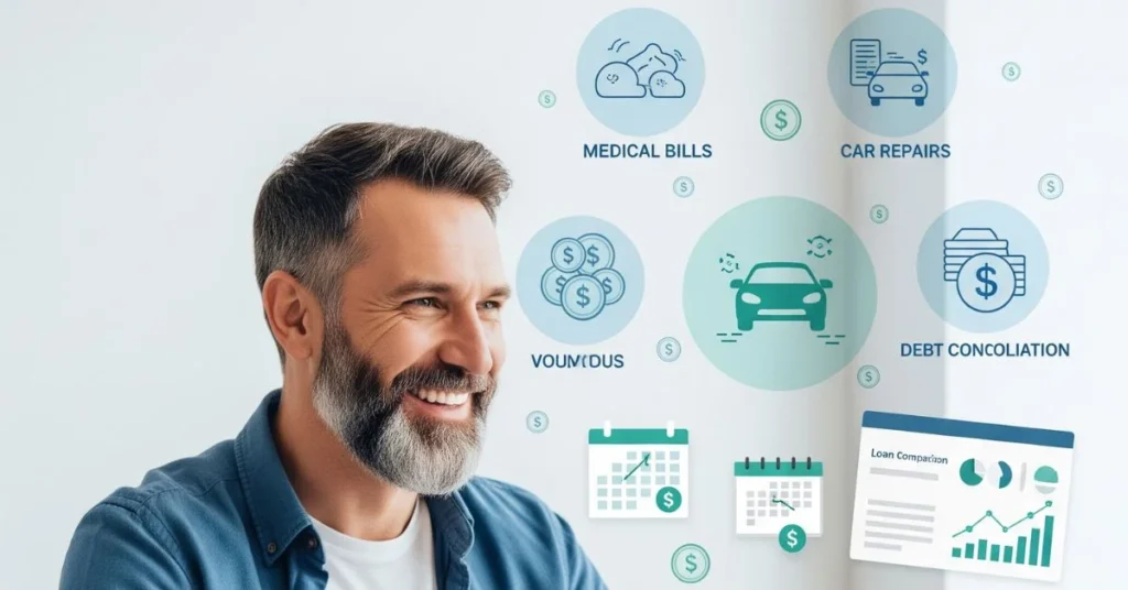 Person getting fast personal loan approval online with icons of bills, repairs, and payment planning in background.