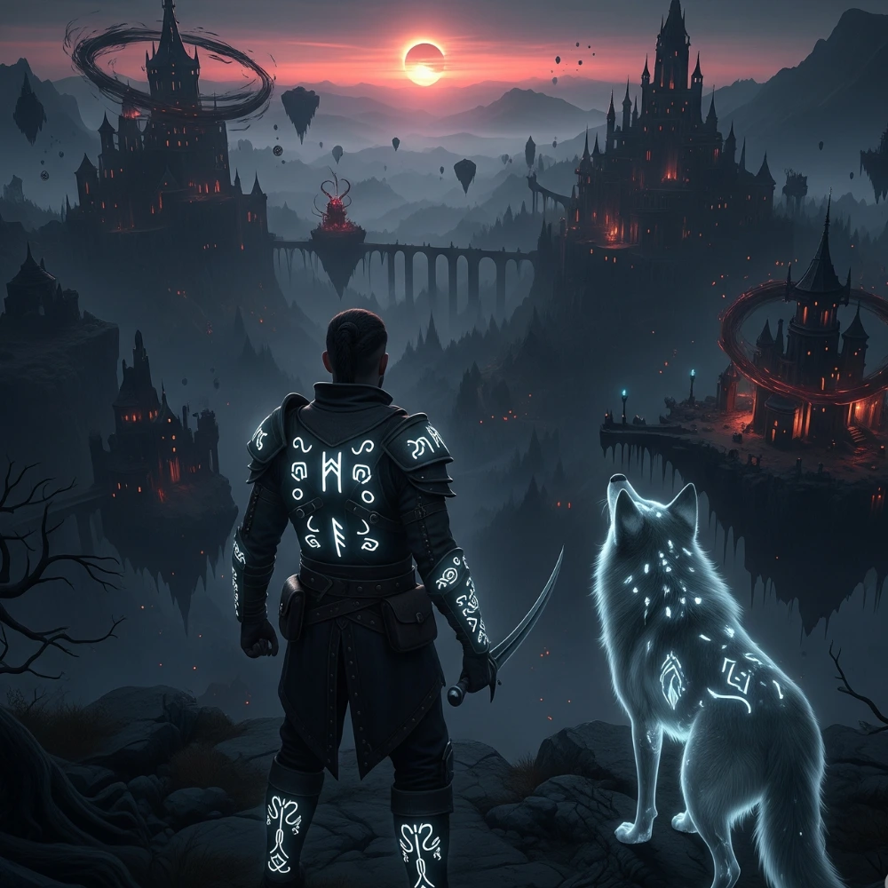 Warrior overlooks cursed land under a dark eclipse sky