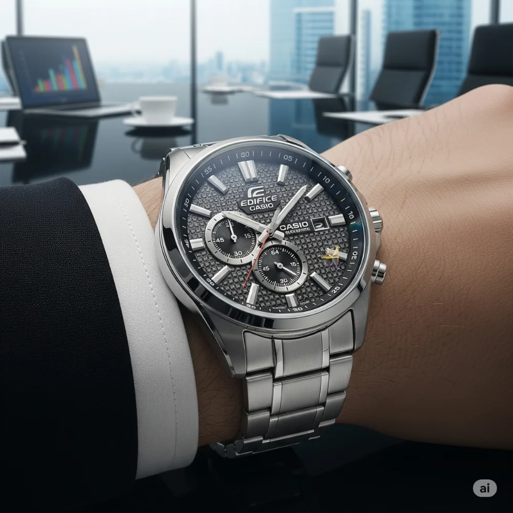 Edifice watch styled in a modern office