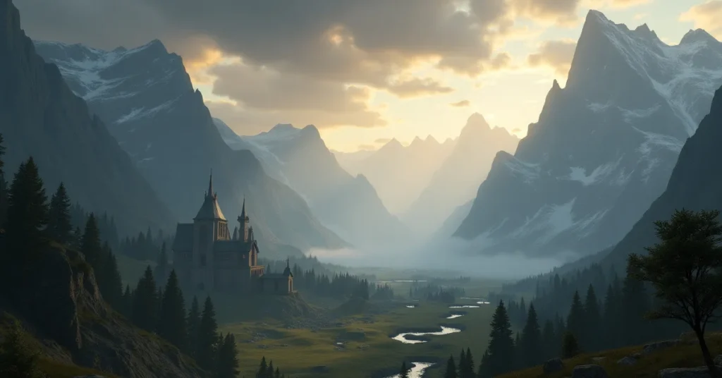 Fantasy valley with castle, river, and mountains inspired by The Elder Scrolls VI in Unreal Engine 5 style.