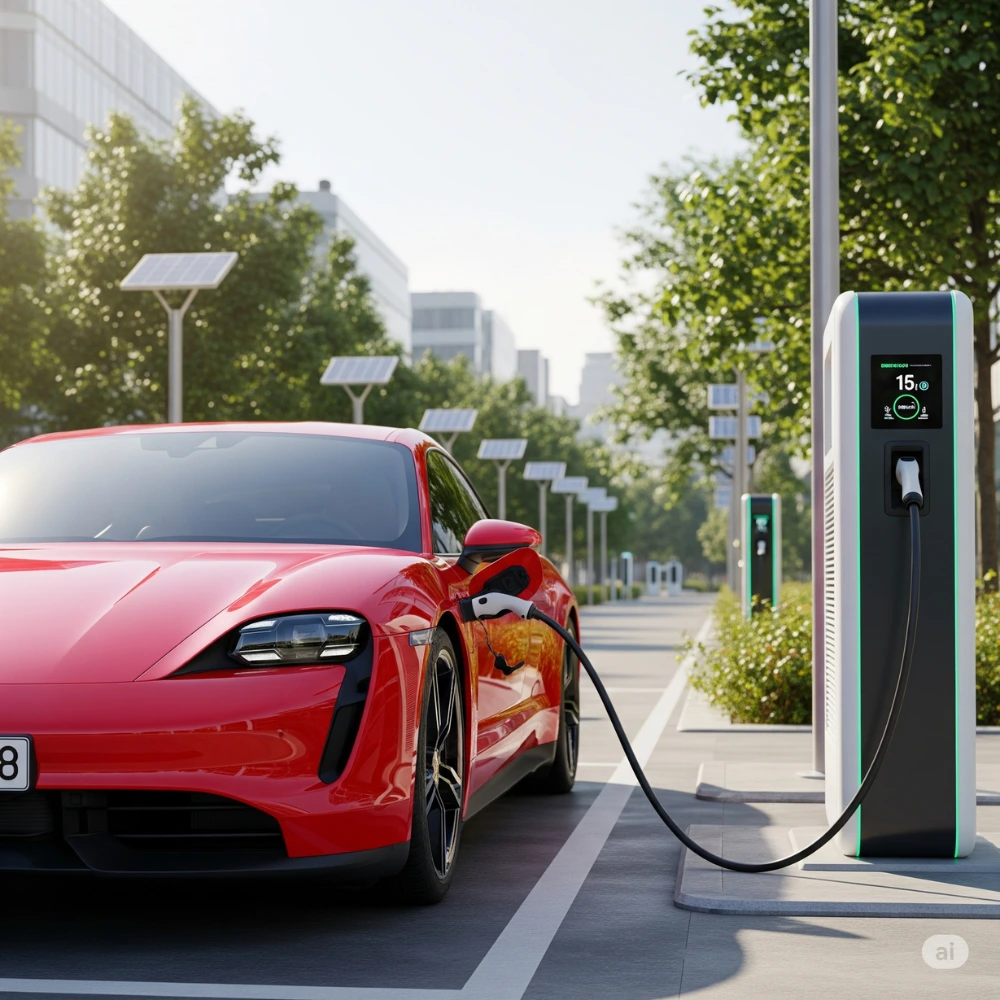 Electric car charging at a modern EV charging station