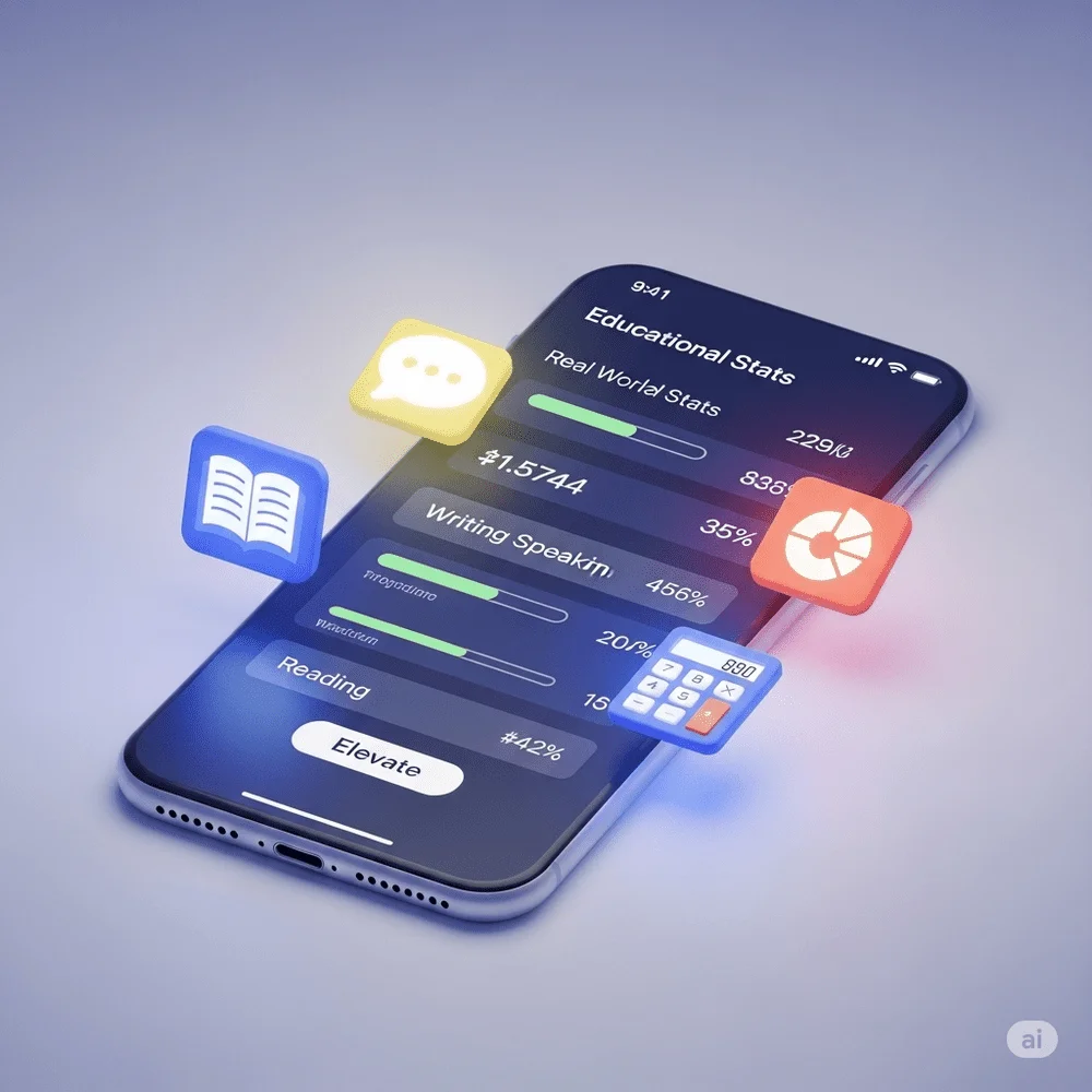 A 3D smartphone with progress stats and skill icons, representing Elevate’s focus on cognitive and real-world skill development. 