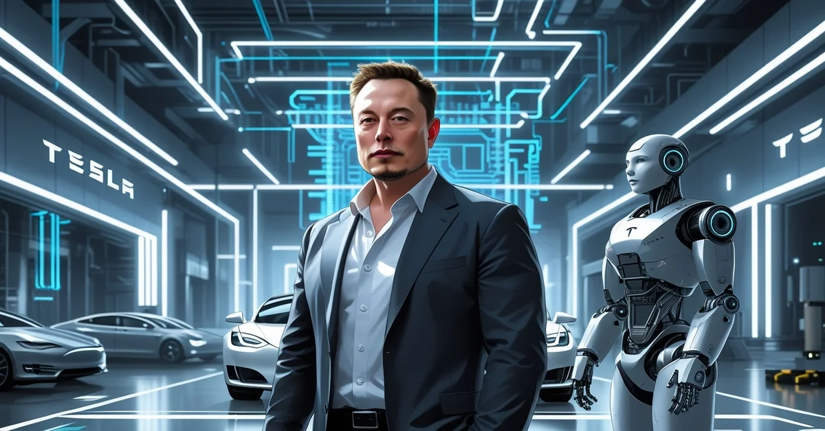 Illustration of Elon Musk in a futuristic Tesla facility with electric cars, a humanoid robot, and glowing tech-inspired elements highlighting innovation.