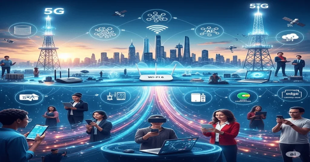 Futuristic landscape of a smart, connected world powered by emerging internet trends, including 5G, Wi-Fi 6, IoT, AI, and cloud systems all linked by digital waves and used by diverse global users.