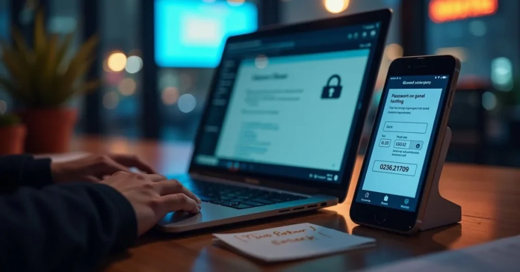 Office desk showing 2FA prompt, password checklist, and email alert as examples of cyber-safe work habits.
