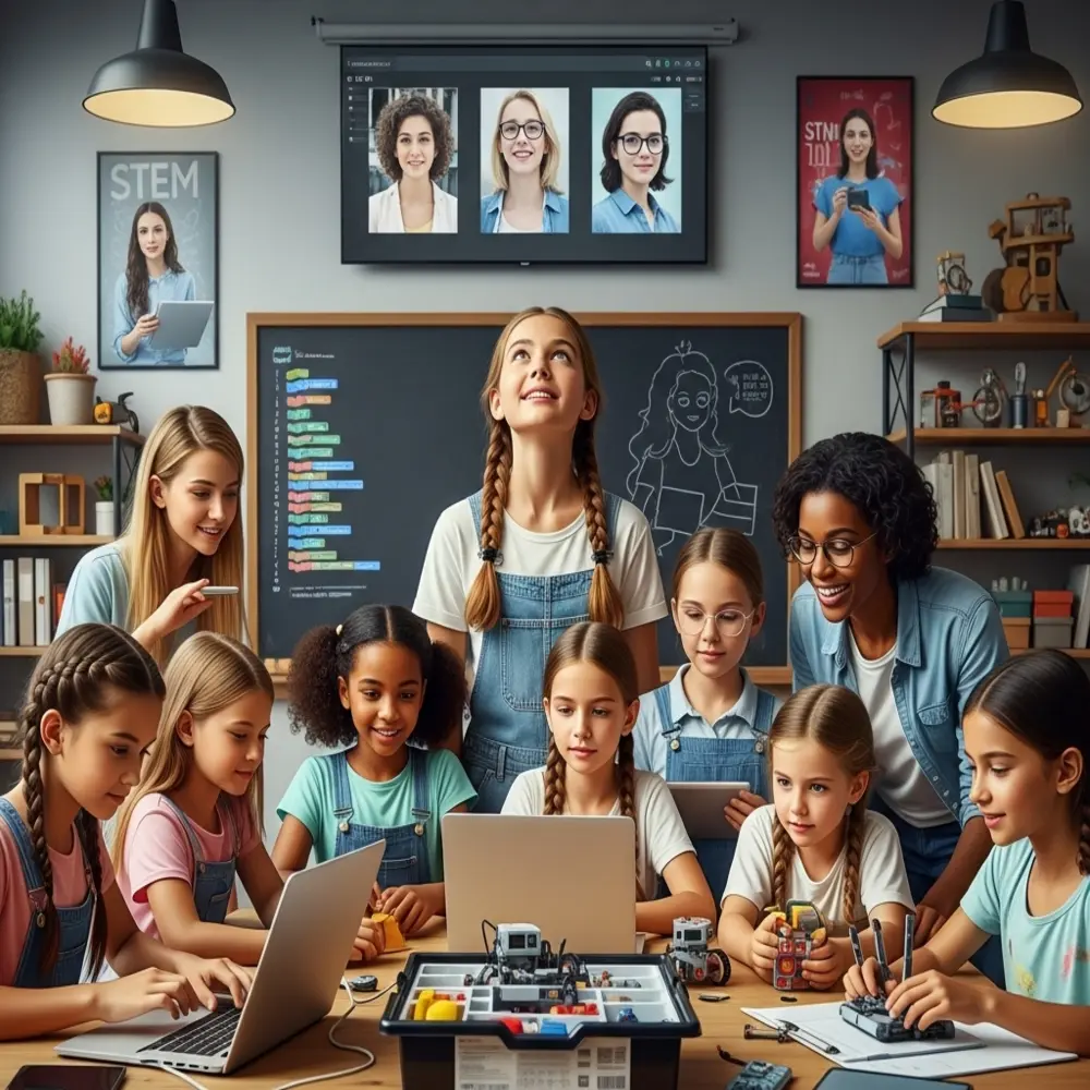 Realistic image of diverse young girls learning STEM in a tech classroom.