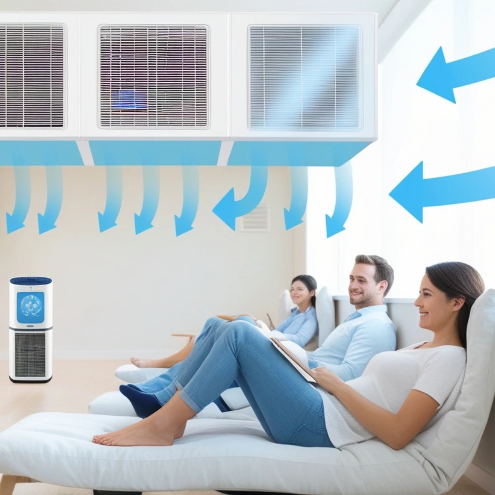 Illustration of enhanced indoor air quality through plenum ventilation in a modern room with clean airflow and comfortable occupants