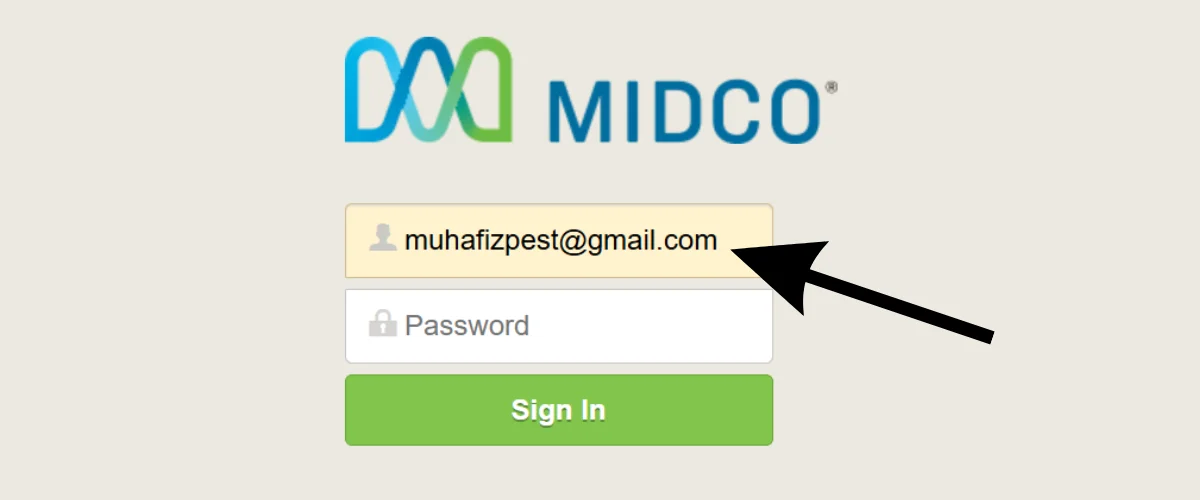 User entering their full email address in the Midco Webmail login form.