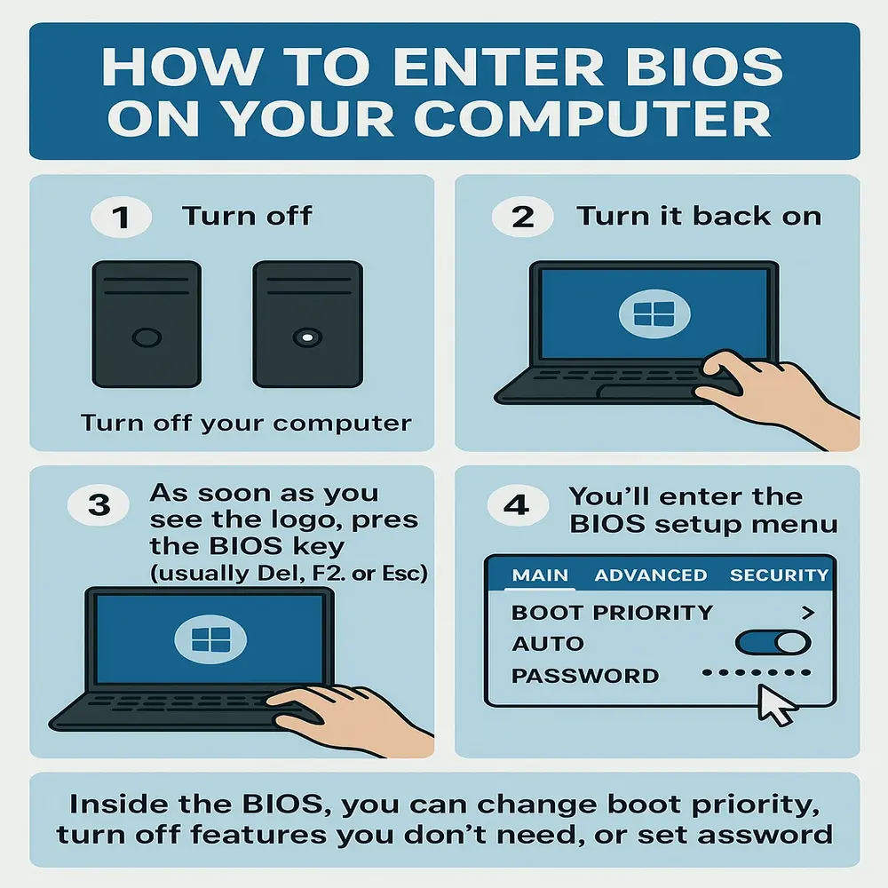 Laptop displaying BIOS/UEFI setup screen for entering BIOS guide.