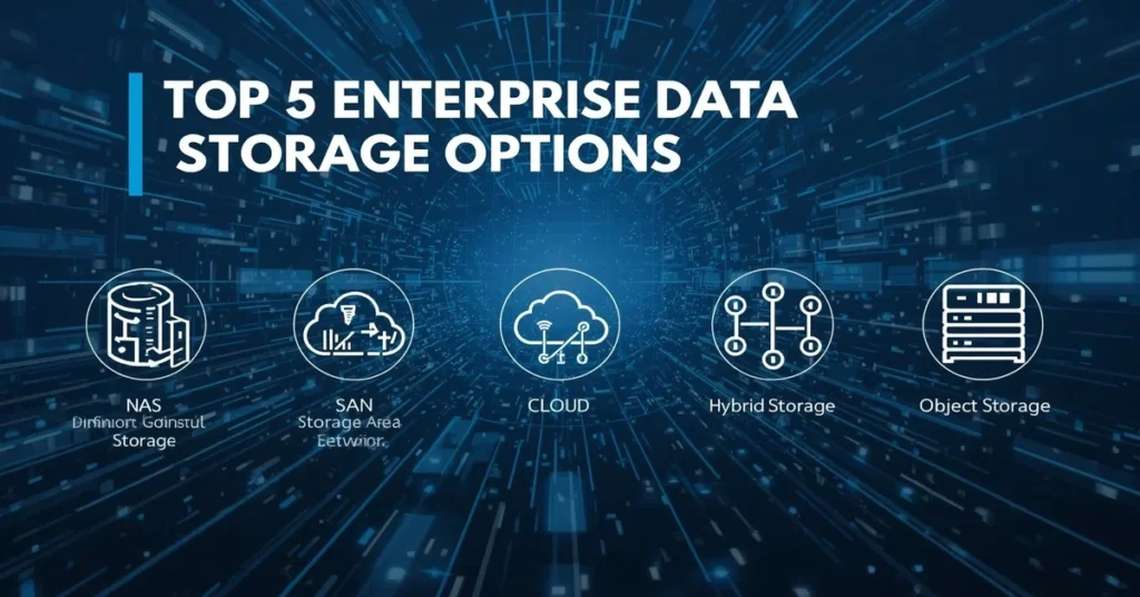 Illustration of five Enterprise Data Storage types: NAS SAN Cloud Hybrid and Object Storage with labeled icons glowing lines and a digital background