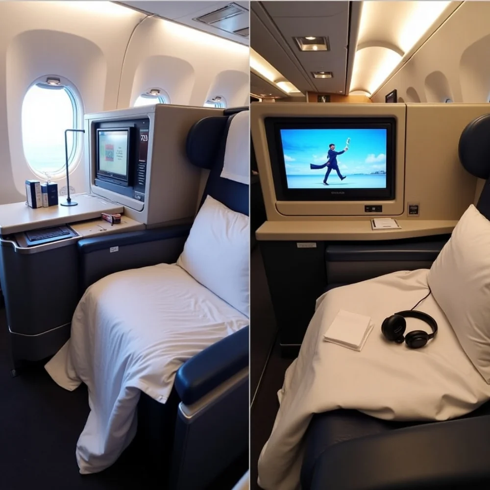 First-class airline seats with lie-flat beds and entertainment screens.