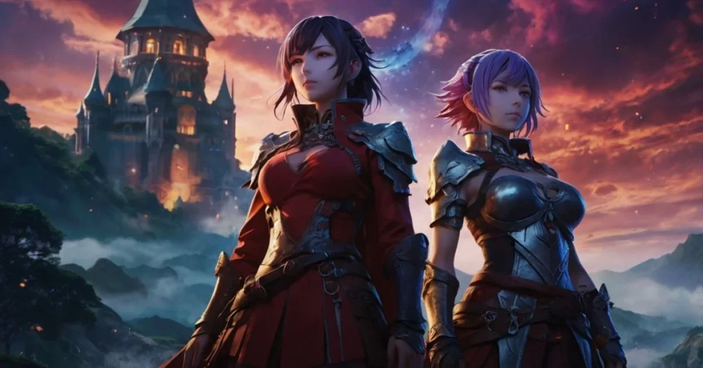 "Anime-style fantasy warriors in armor with castle backdrop at sunset