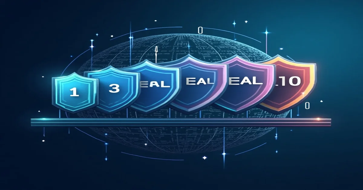 Illustration of Evaluation Assurance Levels (EAL 1 to EAL 7) in cybersecurity, representing Common Criteria global IT security certification.
