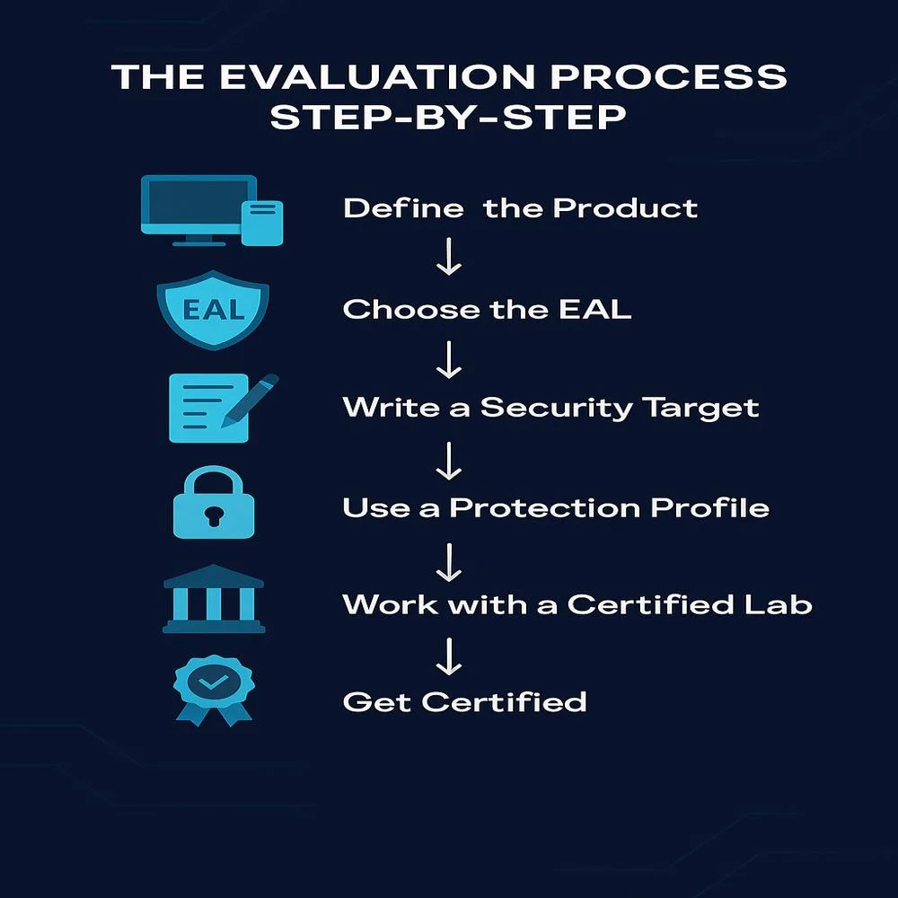 Infographic showing step-by-step Common Criteria evaluation process with icons on a dark tech background. 