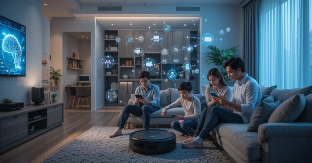 AI-powered home with family and smart devices